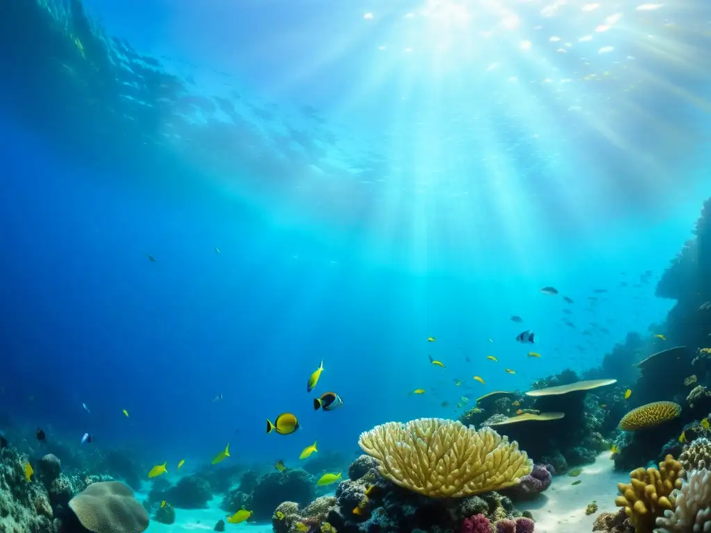 Un arrecife de coral vibrante bajo el mar, con peces coloridos y vida marina, muestra la belleza del ecosistema marino