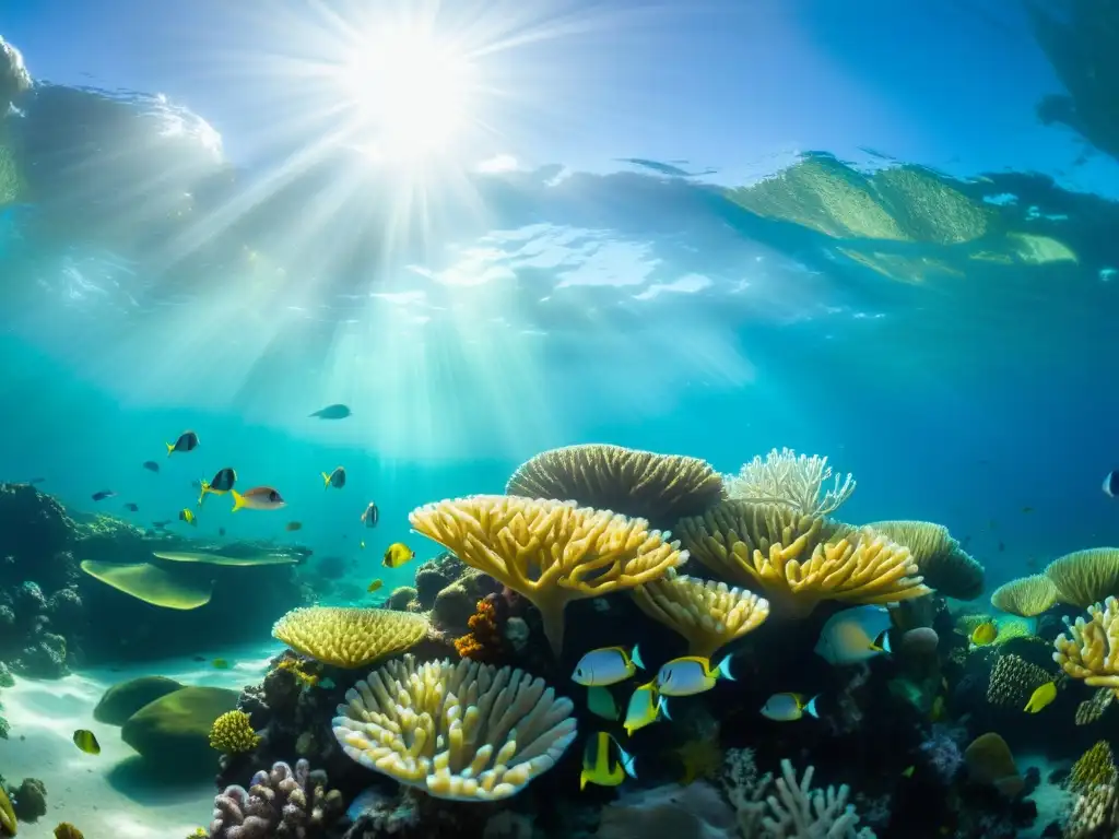 Un arrecife de coral vibrante bajo el mar, con peces coloridos y un resplandor solar