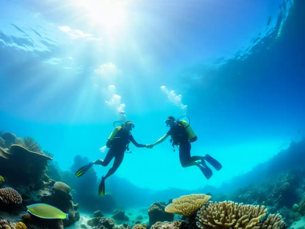 Explorando un arrecife de coral vibrante, parejas con equipos de buceo disfrutan del mundo submarino juntos