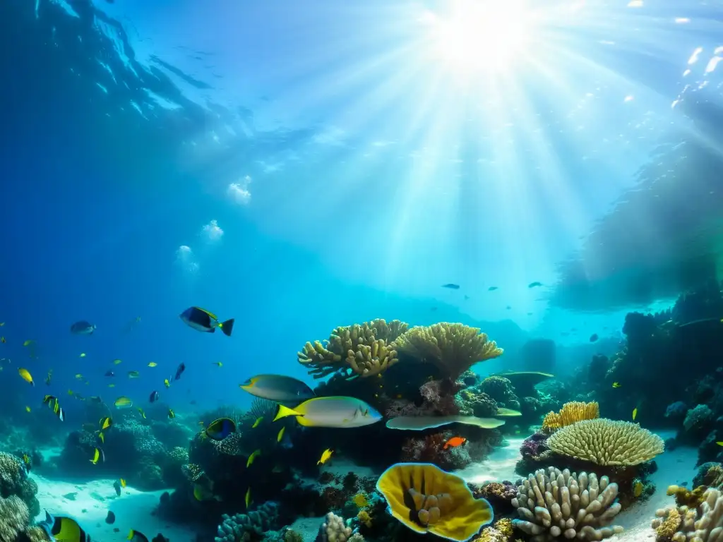 Un arrecife de coral vibrante con peces de colores y vida marina, iluminado por el sol