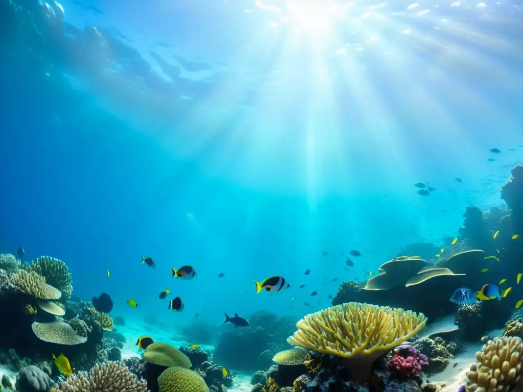 Un arrecife de coral vibrante con peces de colores bajo la luz del sol, reflejando un juego hipnótico de luces y sombras en el fondo marino