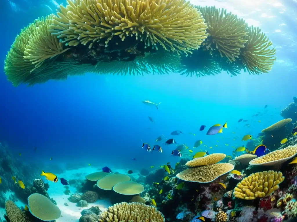 Un arrecife de coral vibrante con peces de colores y un pez limpiador destacado en el centro, en un escenario submarino cautivador