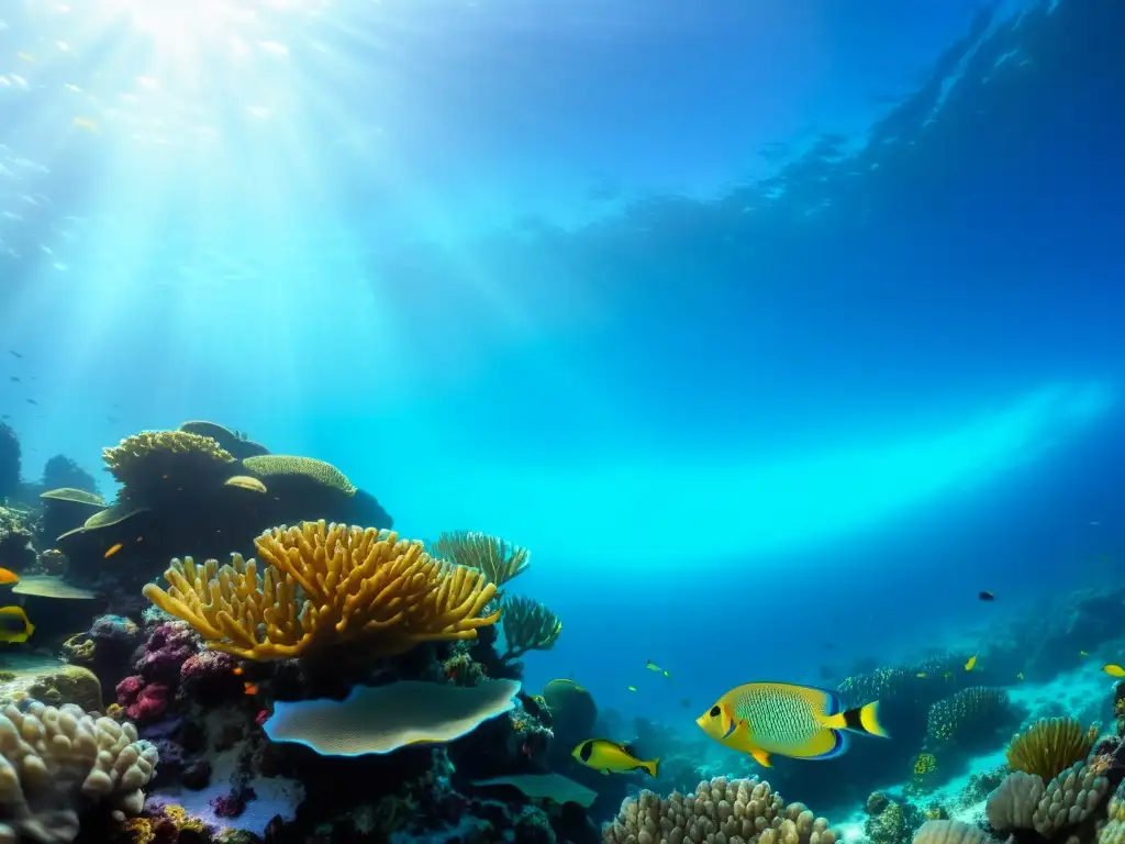 Un arrecife de coral vibrante con peces coloridos y luz solar filtrada, creando un escenario submarino de belleza natural y tranquilidad