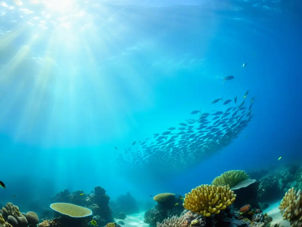 Un arrecife de coral vibrante con peces coloridos en el agua cristalina