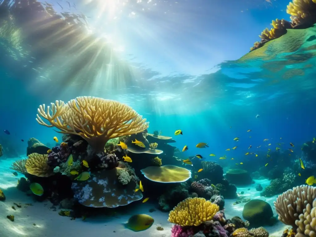 Un arrecife de coral vibrante, peces coloridos y plantas marinas, bañados por la luz del sol