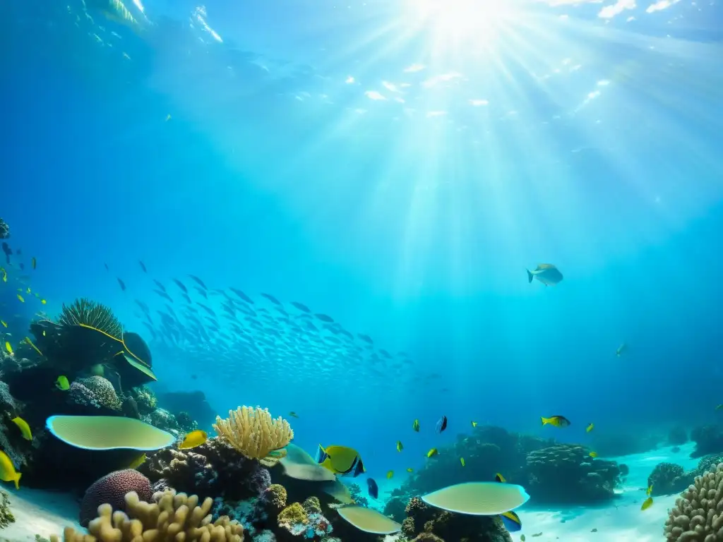 Un arrecife de coral vibrante con peces coloridos y aguas cristalinas, iluminado por el sol