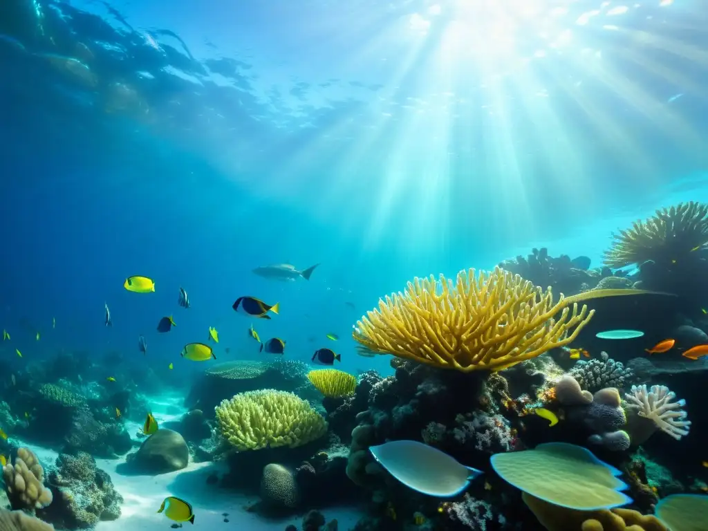 Un arrecife de coral vibrante con peces coloridos y plantas marinas, bañado por la luz solar, crea una atmósfera serena y cautivadora