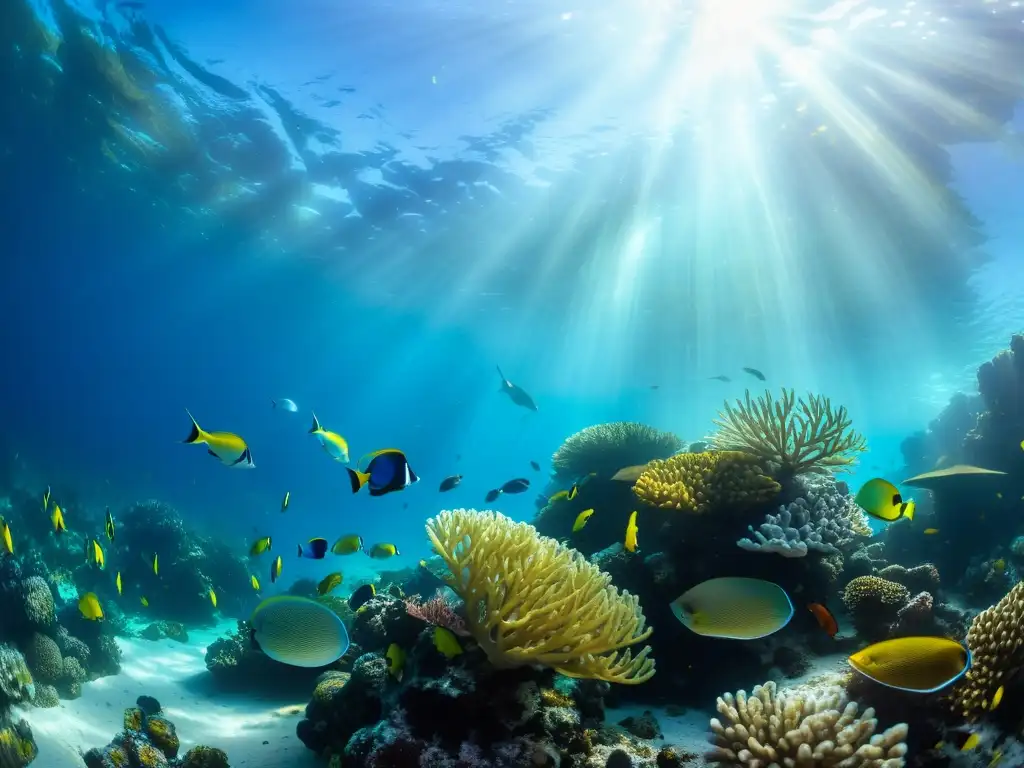 Un arrecife de coral vibrante, peces coloridos y plantas marinas, con la luz del sol filtrándose a través del agua clara