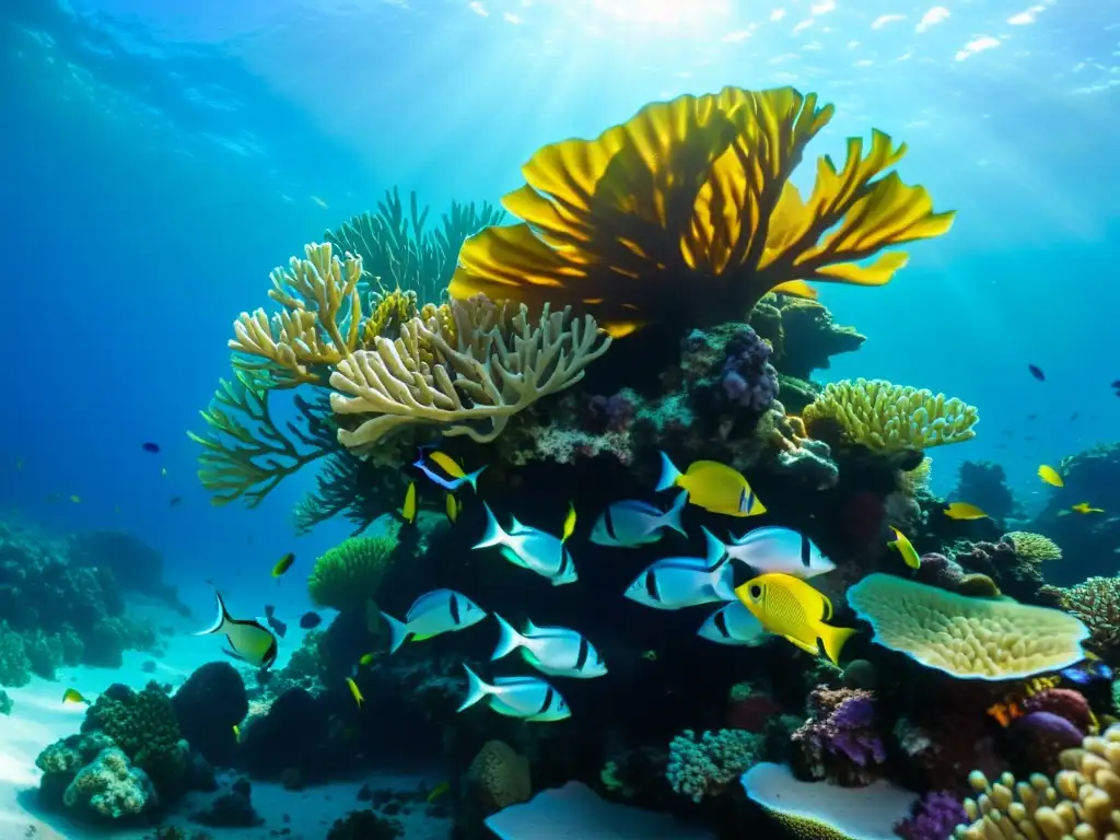 Un arrecife de coral vibrante con peces coloridos nadando entre el coral, bañados por la luz del sol