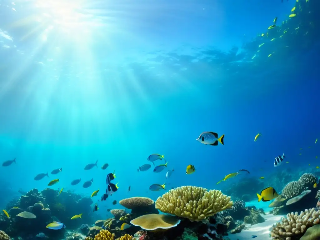 Un arrecife de coral vibrante con peces coloridos y agua azul clara
