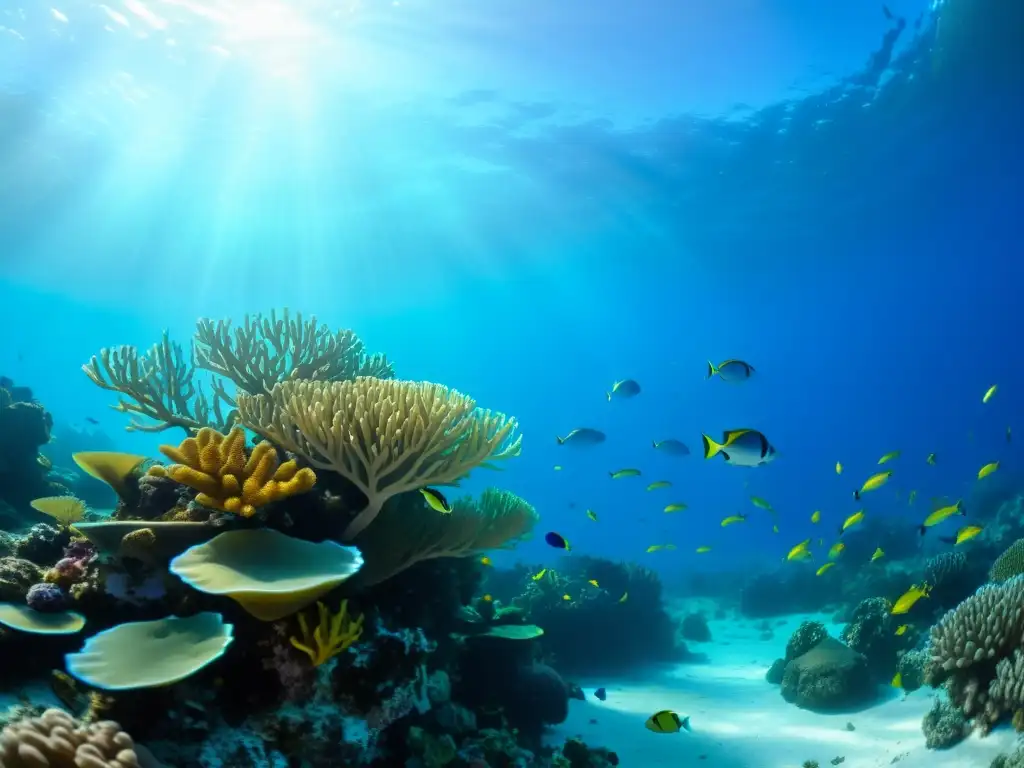 Un arrecife de coral vibrante con peces coloridos y plantas marinas, ilustra la relación entre la dieta y la capacidad pulmonar para el buceo