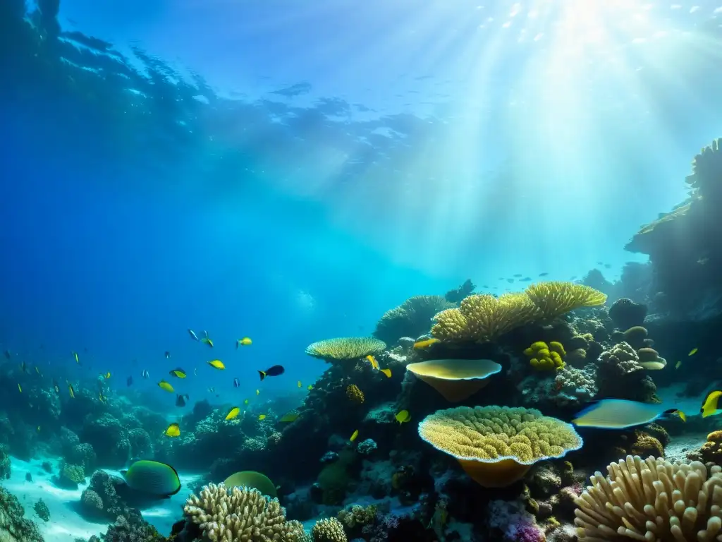 Un arrecife de coral vibrante con peces coloridos y vida marina, bañado por la luz del sol