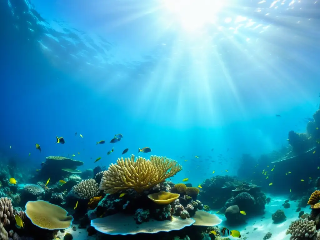 Un arrecife de coral vibrante, con peces coloridos y patrones de luz solar