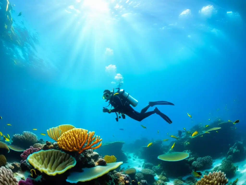 Exploración marina en un arrecife de coral vibrante, con peces coloridos y plantas marinas, ideal para el mejor curso buceo marino