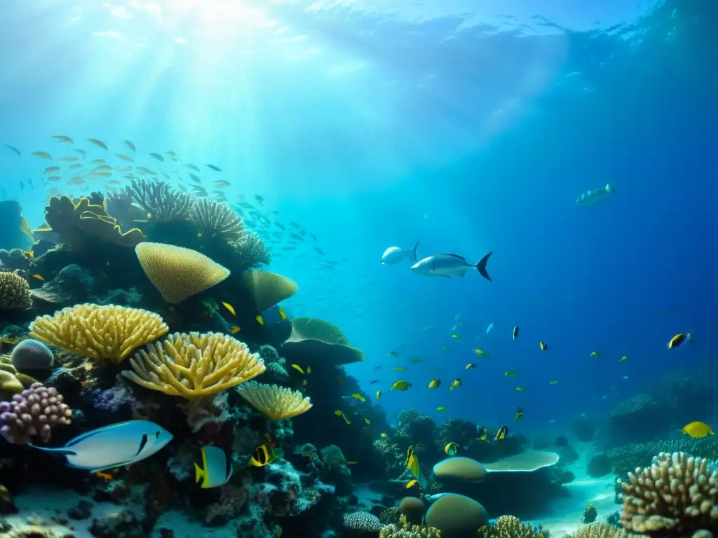 Un arrecife de coral vibrante con peces coloridos y vida marina, iluminado por el sol