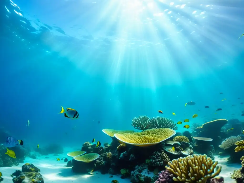 Un arrecife de coral vibrante con peces coloridos y plantas marinas, muestra la belleza de la educación acuicultura pesca sostenible