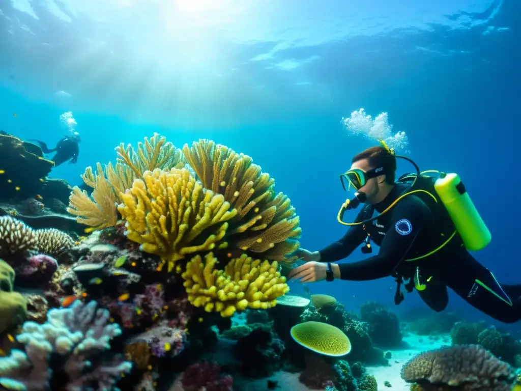 Un arrecife de coral vibrante con peces coloridos y un buceador inspeccionando baterías de larga duración para buceo en un entorno submarino impresionante