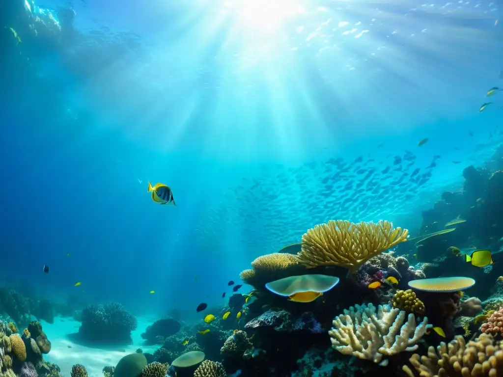 Un arrecife de coral vibrante con peces coloridos y vida marina detallada, iluminado por la luz solar