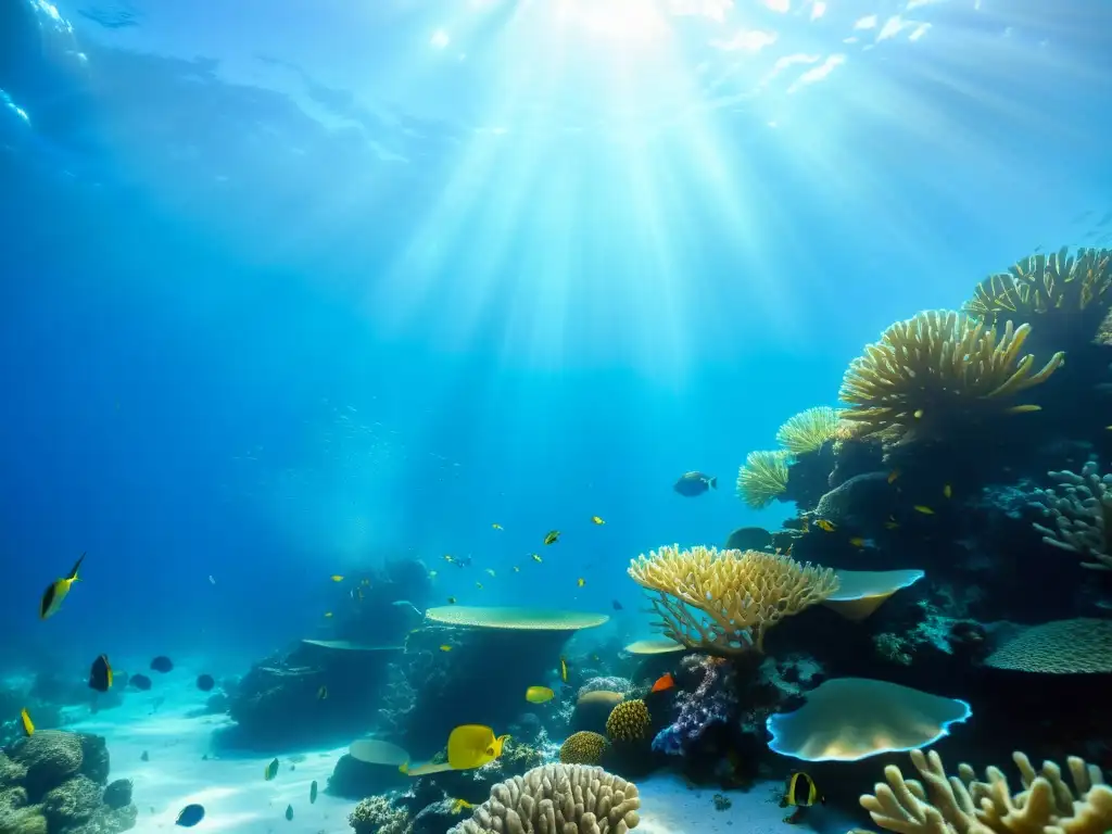 Un arrecife de coral vibrante teñido de vida marina bajo la luz del sol, mostrando la riqueza del ADN marino en cremas