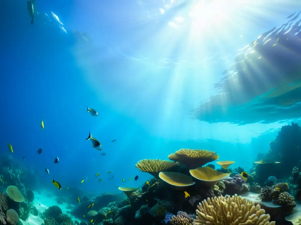 Un arrecife de coral vibrante con vida marina exuberante, como peces tropicales, tortugas y mantarrayas