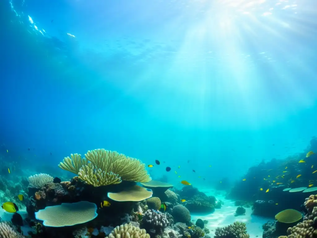 Un arrecife de coral vibrante con vida marina diversa y agua azul cristalina, inspiración para ropa sostenible inspirada en el mar