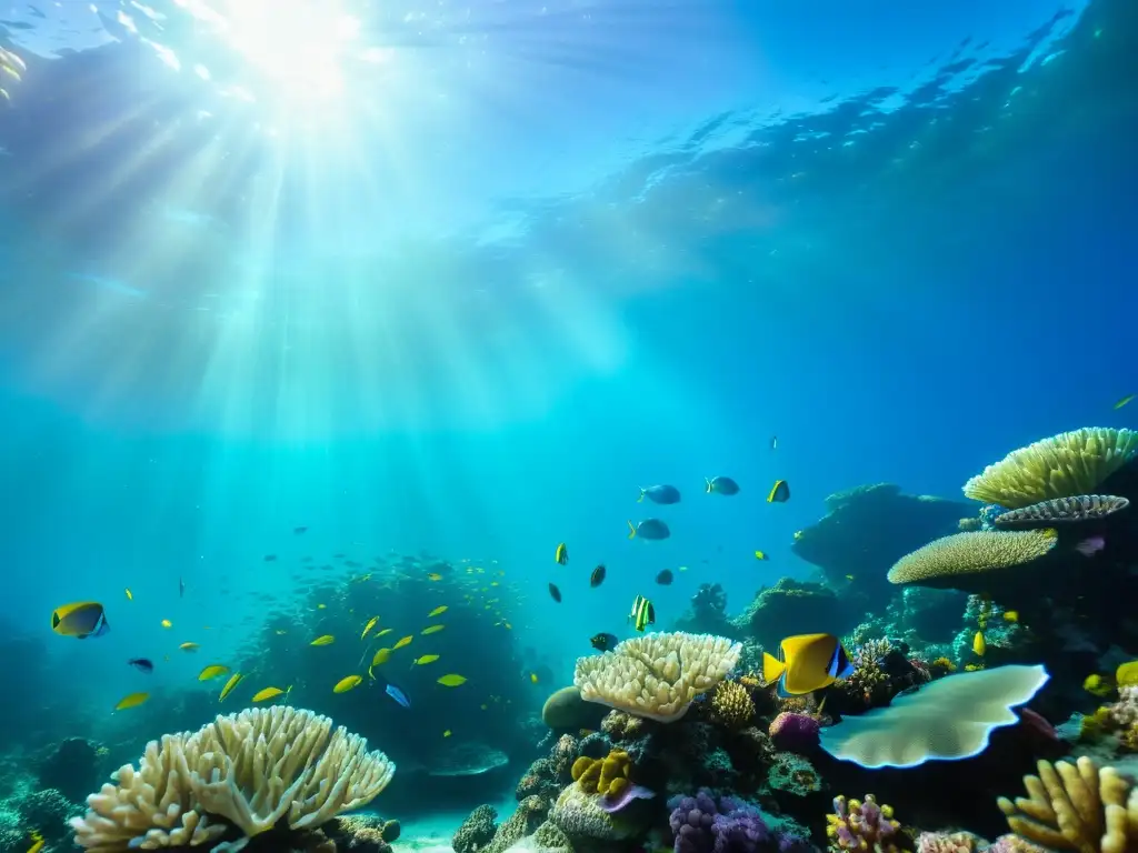 Un arrecife de coral vibrante con vida marina y filtros UV derivados del mar, bañados por la luz del sol filtrada