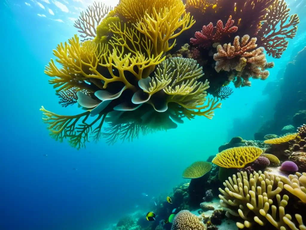 Un arrecife de coral vibrante con vida marina, destacando la belleza natural y el potencial de los materiales marinos biodegradables