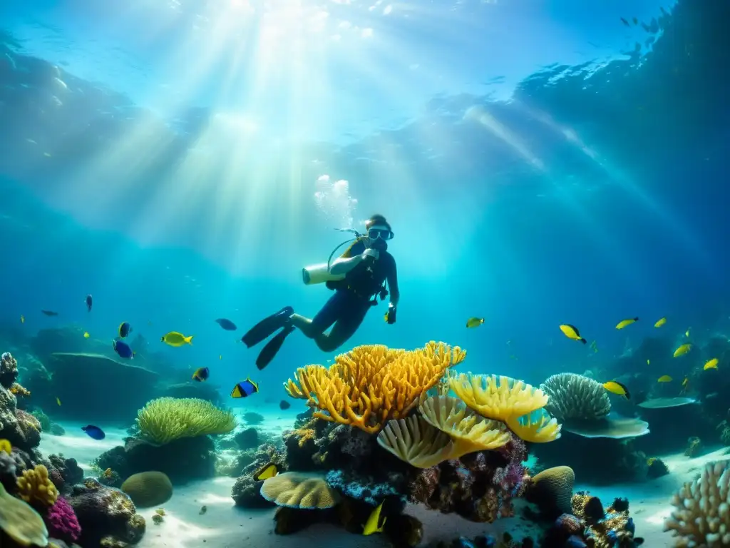 Un arrecife de coral vibrante con vida marina, peces coloridos y plantas marinas, bajo la luz del sol