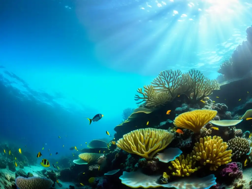 Un arrecife de coral vibrante con vida marina colorida y plantas marinas, bajo la luz del sol