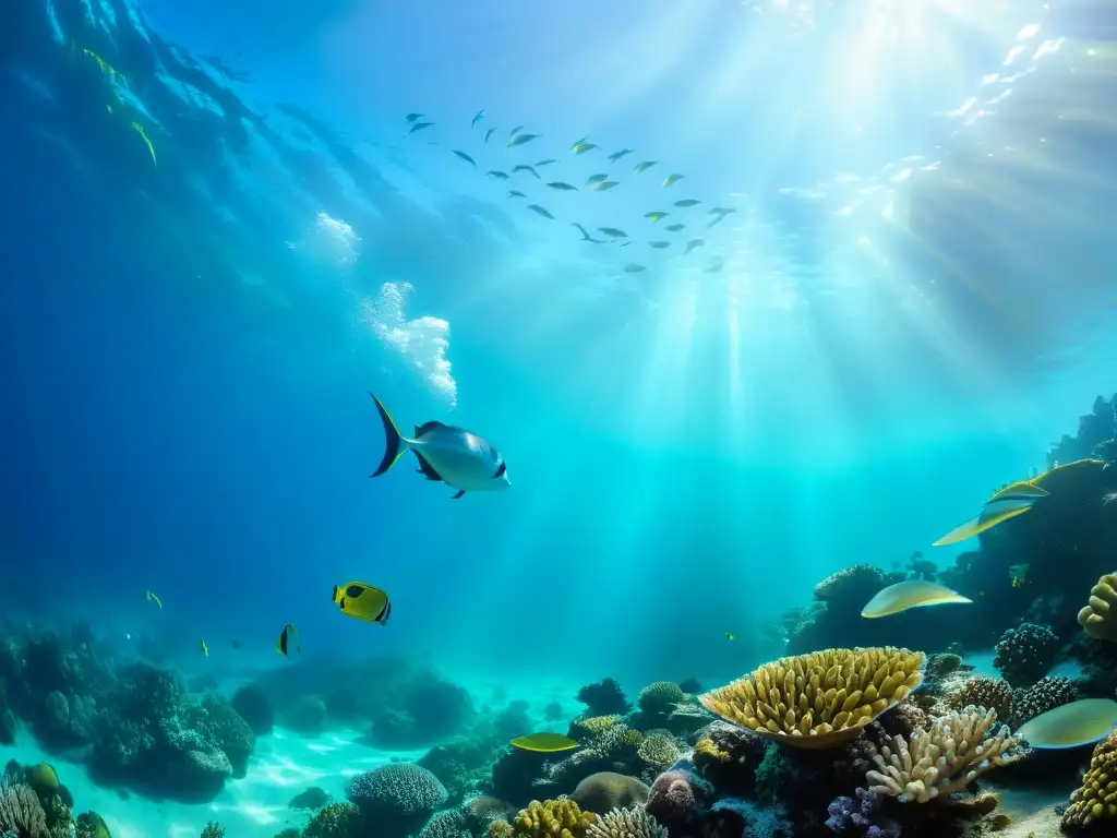 Un arrecife de coral vibrante con vida marina, reflejos de luz y biodiversidad en islas remotas