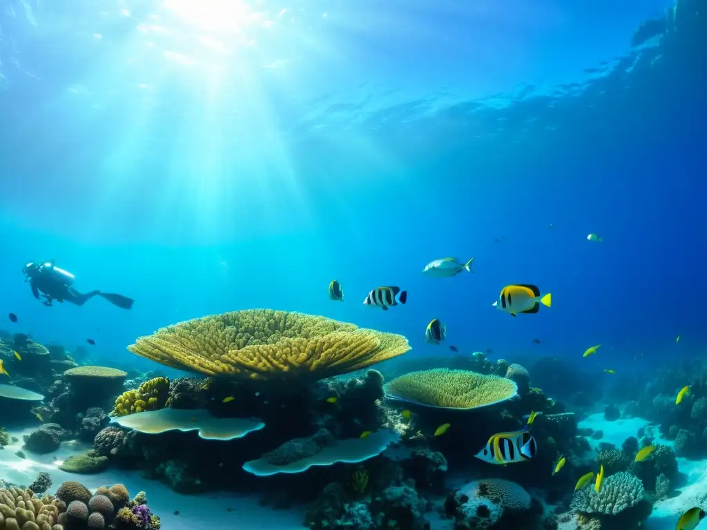 Un arrecife de coral vibrante con vida marina colorida y un vehículo autónomo submarino impactante