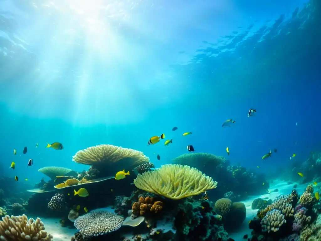 Un arrecife de coral vibrante con vida marina, luz filtrada y efecto etéreo