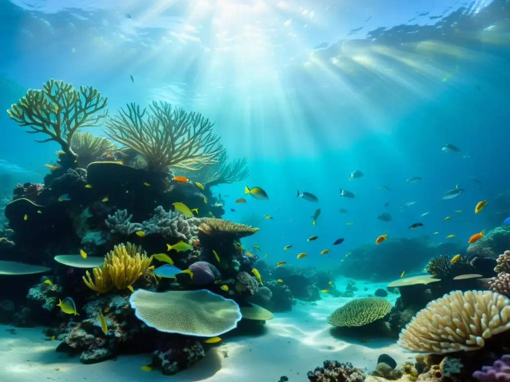 Un arrecife de coral vibrante con vida marina diversa y colorida, reflejo de la pesca sostenible y la belleza del ecosistema marino