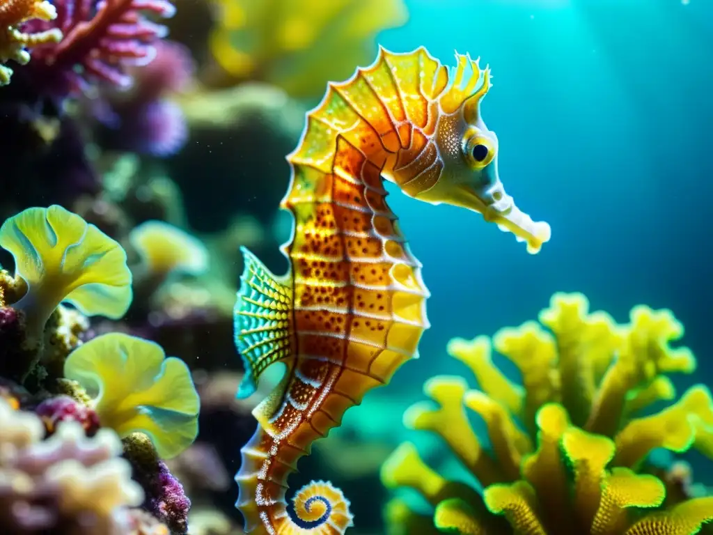 Una seahorse nadando entre arrecifes de coral con joyería inspirada en especies marinas