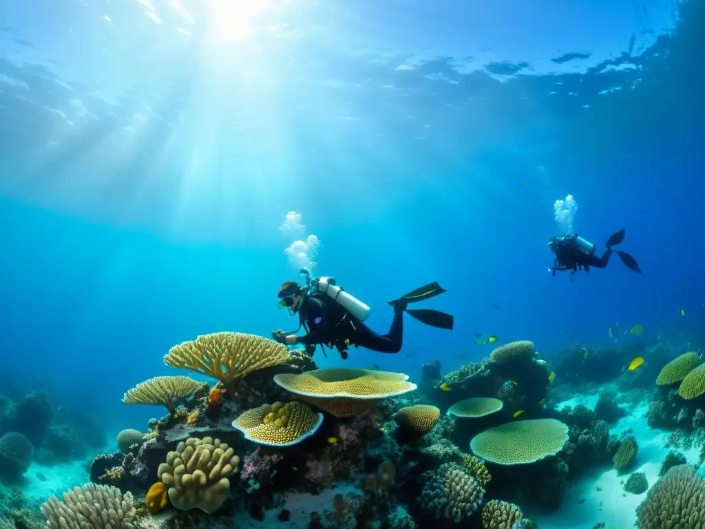 Expedición científica en arrecifes de coral, biólogos marinos exploran vida marina en el Triángulo de Coral