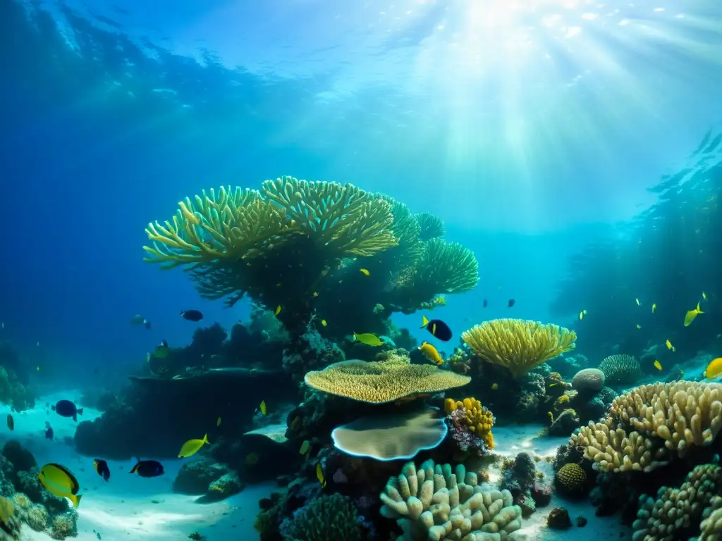 Arrecifes de coral en peligro: Fotografía submarina de un ecosistema vibrante de arrecifes de coral, repleto de vida marina colorida y diversa bajo el agua cristalina