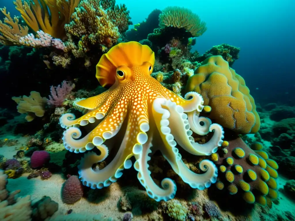 Arte de la ocultación en cefalópodos: un ser marino se mimetiza con el arrecife de coral, desplegando una asombrosa gama de colores y patrones