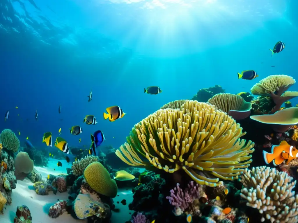 Una asombrosa fotografía detallada de un vibrante ecosistema de arrecifes de coral, con una variedad de especies marinas conviviendo armoniosamente