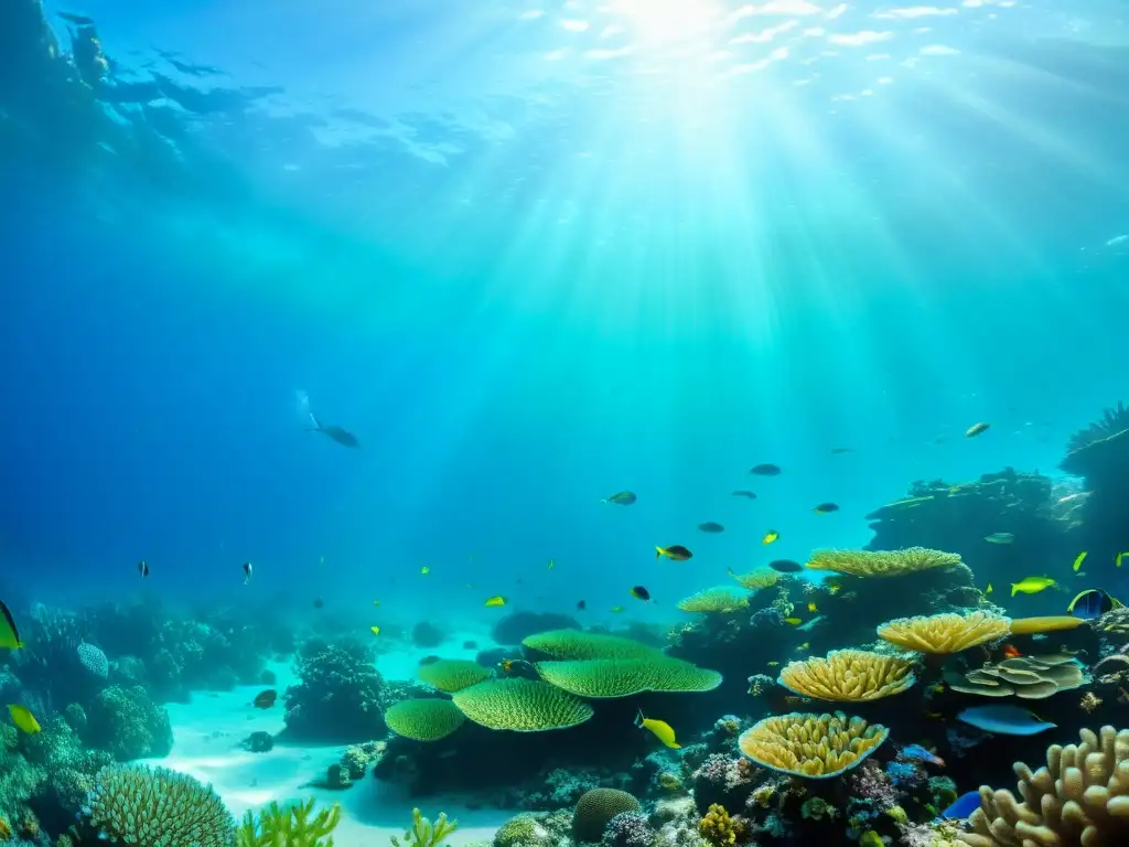 Una asombrosa escena submarina, con un arrecife de coral vibrante y peces coloridos