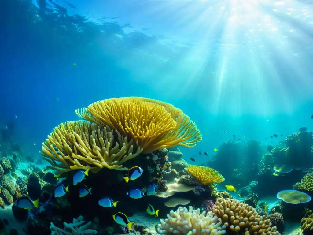 Una asombrosa escena submarina muestra un vibrante arrecife de coral lleno de vida, resaltando las oportunidades de inversión en energías marinas