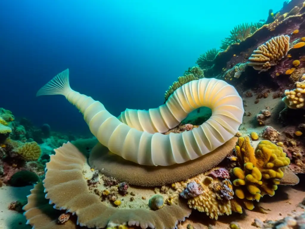 Una asombrosa foto submarina de un fósil marino prehistórico bien conservado entre formaciones de coral vibrantes en el fondo del océano