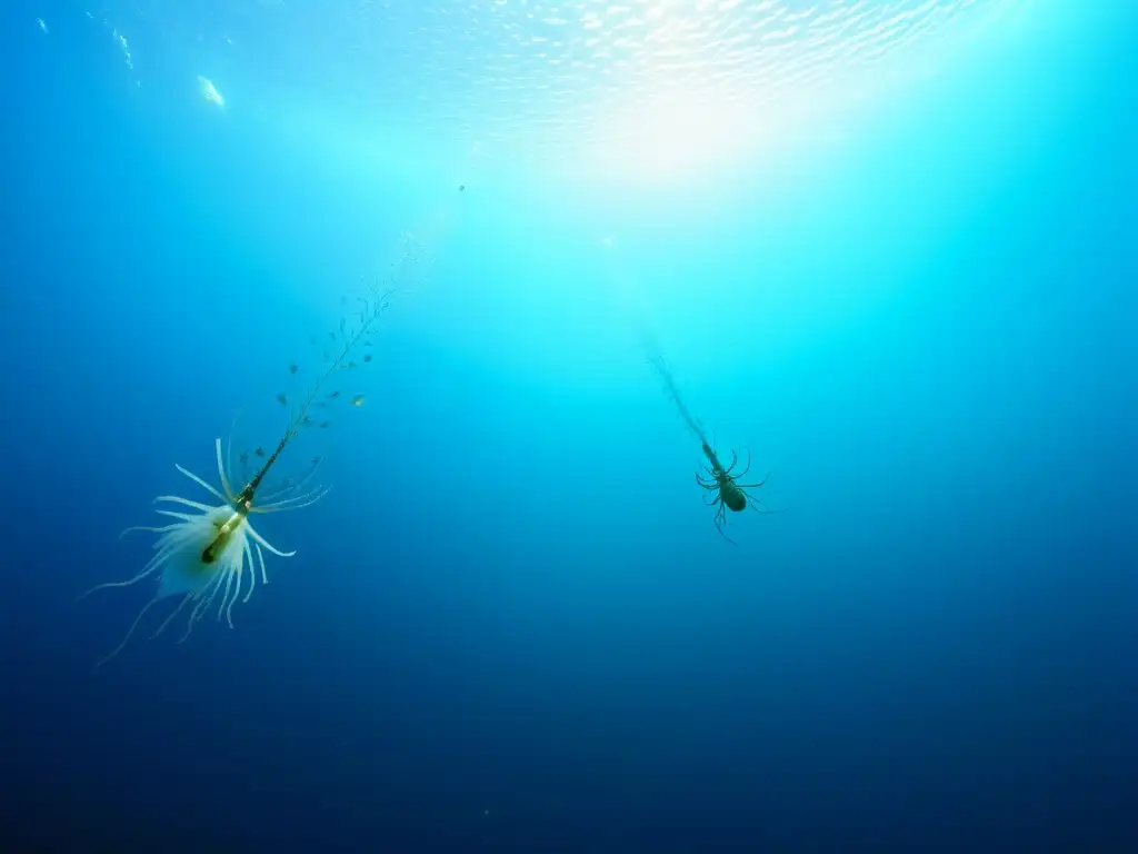 Una asombrosa imagen del rol ecológico del zooplancton marino en el vibrante océano azul, capturando la belleza y biodiversidad submarina