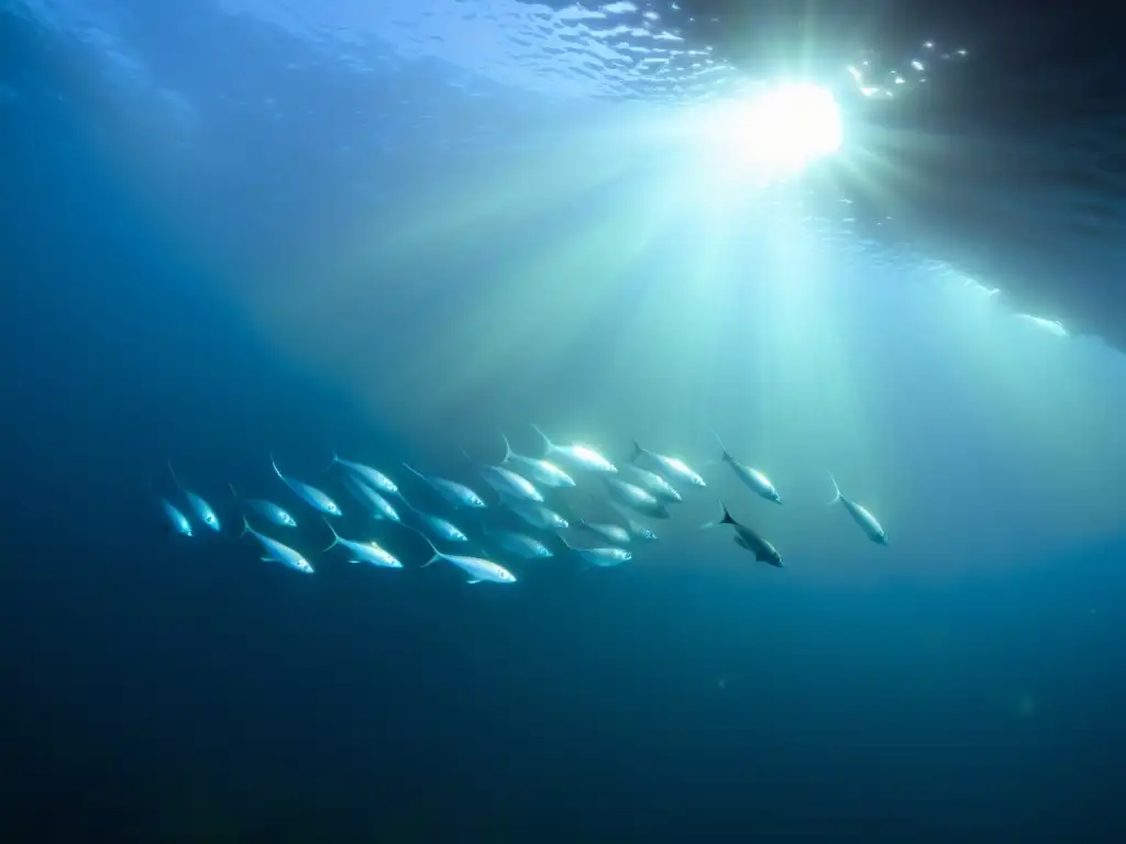 Una asombrosa imagen submarina de un cardumen de hipnóticos peces linterna nadando en las profundas aguas del océano