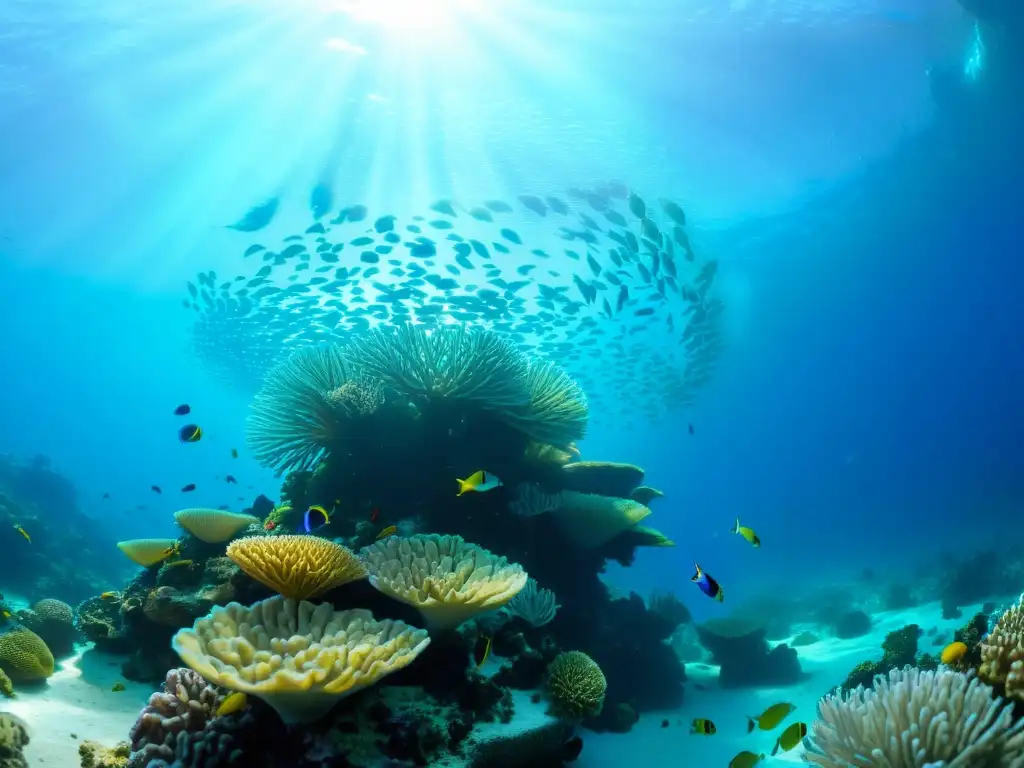 Una asombrosa imagen submarina que muestra la diversa vida marina en un arrecife de coral, resaltando la importancia de la ética en la representación de la fauna marina