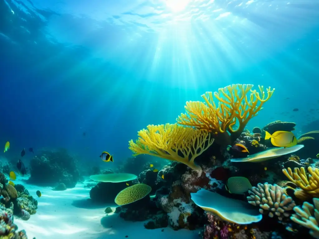 Una asombrosa cartografía de migraciones marinas en el océano, con un vibrante arrecife de coral y vida marina colorida