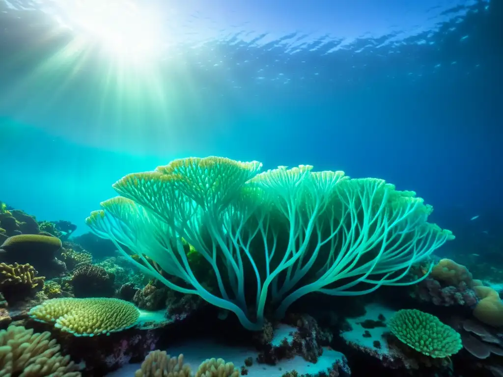 Una asombrosa fotografía nocturna de vida marina en un arrecife de coral iluminado por el resplandor suave de plancton bioluminiscente, creando un paisaje submarino mágico