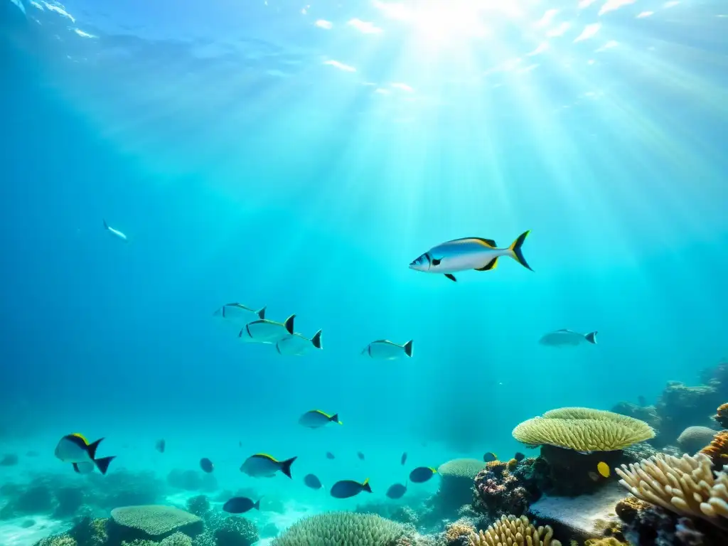 Una asombrosa fotografía submarina capturando un banco de peces vibrantes nadando en aguas turquesas cristalinas