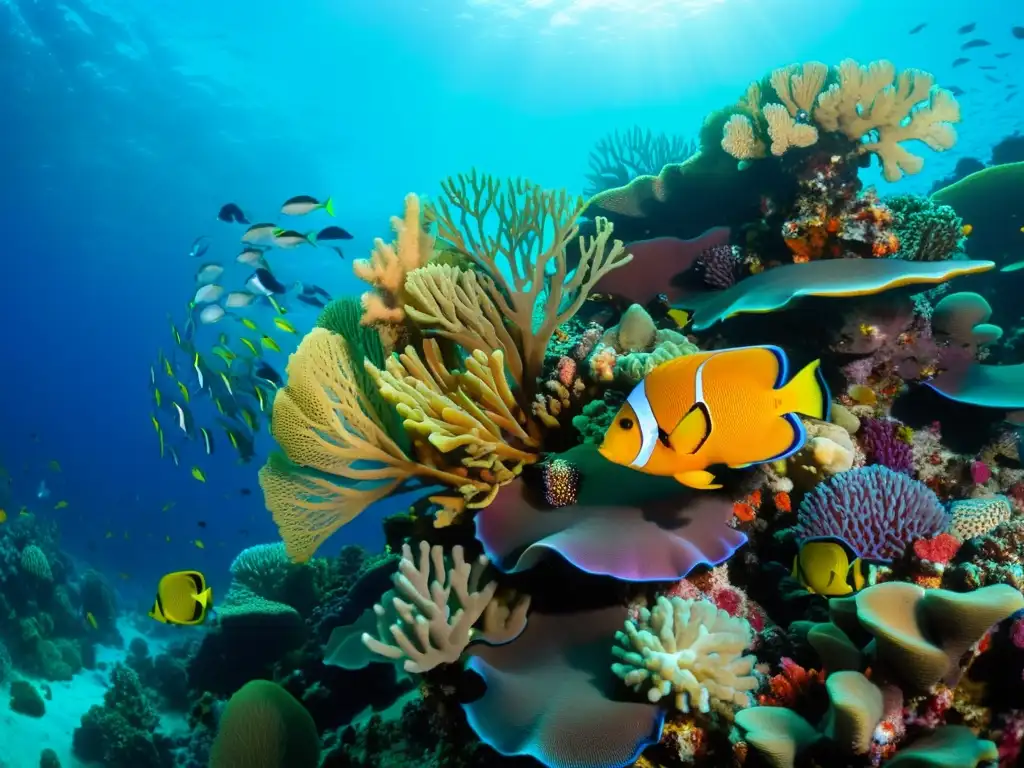 Una asombrosa fotografía submarina de un colorido arrecife de coral rebosante de vida marina