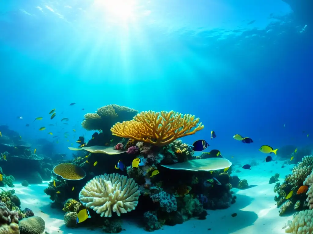 Una asombrosa fotografía submarina de un vibrante arrecife de coral repleto de peces coloridos y vida marina