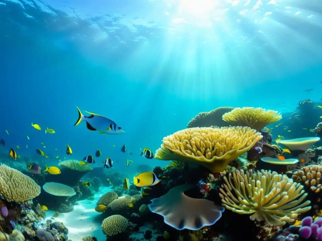 Una asombrosa fotografía submarina de un vibrante arrecife de coral lleno de vida marina, con peces coloridos y plantas marinas